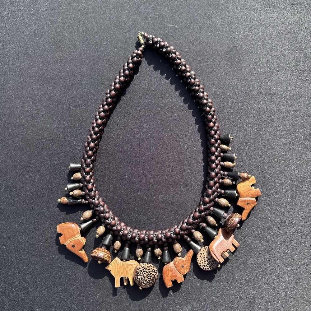 Carved Wood Elephant Charm Beaded Statement Necklace Brown Boho